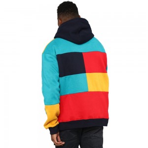 men custom wholesale long sleeve front kangaroo pocket multi color block hoodie
